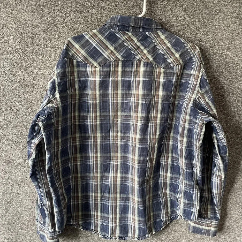 Vtg Wrangler Shirt Mens Medium Blue‎ Plaid Long Sleeve Pearl Snap Western Cowboy
